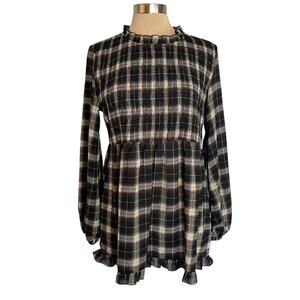 Suzanne Betro Black Tan Plaid Top MED Smocked Bodice Ruffled Peplum Peasant Boho